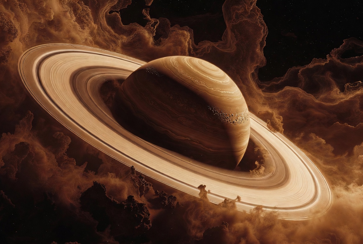 Ringed planet in golden nebula